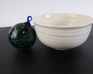 Lot 6299 Glass Ornament and White Pottery Bowl