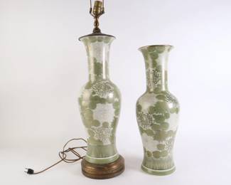 Lot 6307 Vintage Asian Inspired Green Urn Lamp Vase Pair