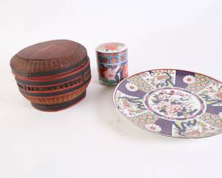 Lot 6318 Wooden Woven Lidded Basket and 2 Piece Asian Inspired Plate and Lidded Trinket Box