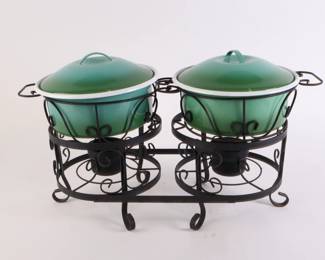 Lot 6323 Enamel Ware Lidded Pots with Decorative Iron Sterno Stands
