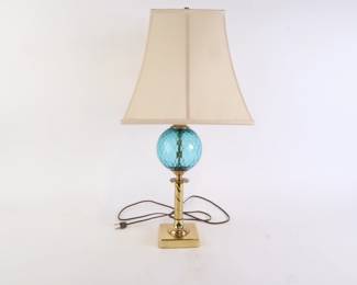 Lot 7199 Brass and Turquoise Glass Table Lamp with Silk Shade