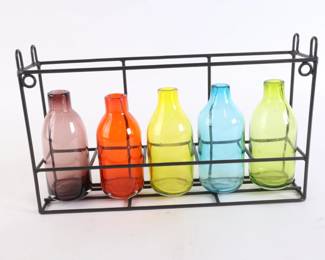 Lot 7208 Muti Colored Vases in Metal Holder