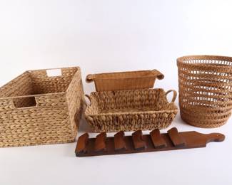 Lot 7207 Lot of 4 Baskets and Wooden Wall Mail Organizer