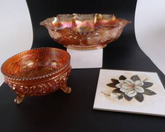 Lot 7305 Vintage Imperial Glass Carnival Glass Bowls X 2 and Magnolia Ceramic Trivet