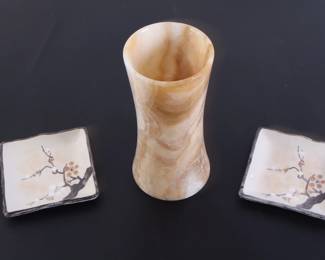 Lot 6962 Alabaster Stone Vase  Pair of Asian Ceramic Trays