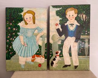 Lot 5860 Art Pair Victorian Style Oil Paintings of Children on Wood