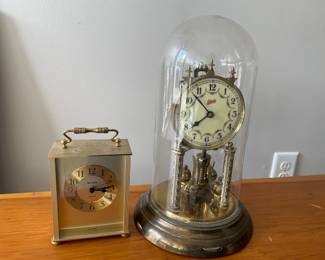 Lot 5036 Lot Tabletop or Mantle Clocks  Bulova Carriage Clock and Schatz Wedding Clock with Glass Cloche