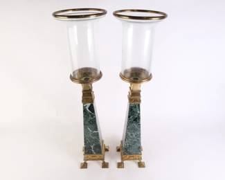 Lot 4509 Pair Green Marble and Brass Candlesticks  Heavy