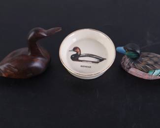 Lot 4505 Duck Decor Lot  Ducks Unlimited Trinket Dish  Two Duck Decoy Figurines