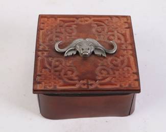 Lot 4504 Leather Tooled Trinket Box  Water Buffalo Head