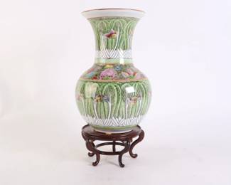Lot 4482 Hand Painted Asian Botanical Vase  Stand