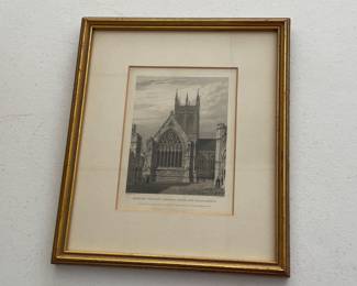 Lot 4470 Framed Art  Etching Merton College Chapel From the Quadrangle