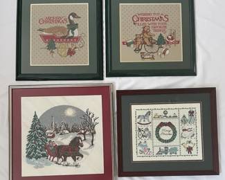 Four Framed Needle Point Christmas Scenes