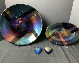 Iridescent Art Glass Trays And Robert Held Paper Weights