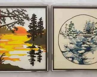 Vintage Framed Crewel Sunset Winter Scenery 