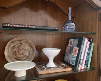 Some books, art pottery plate