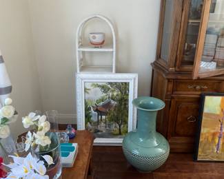Small white wicker etagere-$10, pagoda oil painting $50, large Asian inspired floor vase-$50