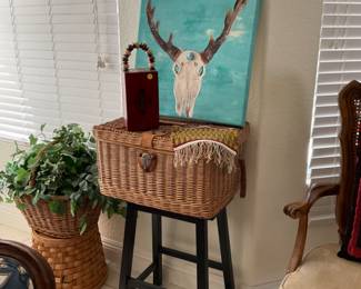 Cow print $10, vintage basket $8, cigar box purse $5, black stool $10