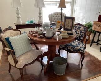 Pedestal table $20, ikat vintage chair $15, floral vintage chair $20, assorted housewares 