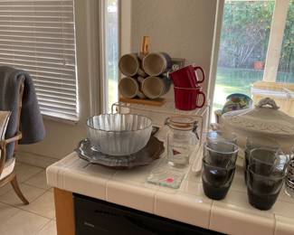 Housewares-mugs, serving bowls, pottery cake stand, drink glasses