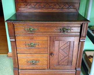 Vintage Wood 3-Drawer 1-Door Dry Sink, With Castors And Original Hardware, 37" x 30" x 16"
