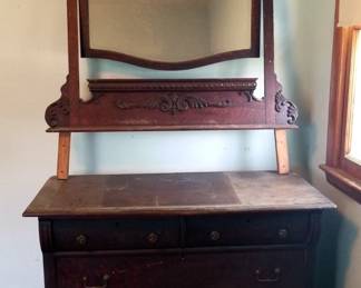 Antique 4 Drawer Dresser On Castors, 33.5" x 43" x 21", With Detachable Tilting Mirror, 44" Tall x 34" Wide