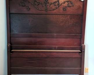 Antique Wood Bed Frame On Castors, Including Headboard, 74.5" x 57", Footboard, 35" x 57", And Side Rails