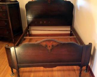Antique Wood Headboard, 50" x 56.5" And French Curved Footboard, 31" x 56.5", On Castors
