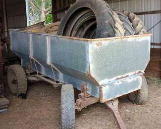 Steel Grain Wagon With John Deere Running Gear, Includes Assorted Rims And Tires For Tractors, Model A, Implements, And More, Approx Qty 24