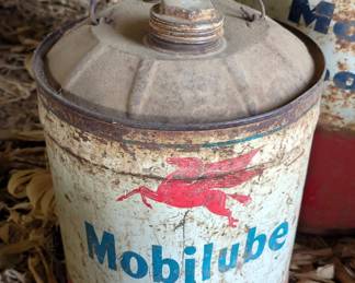 Mobil Oil Metal Oil Barrel, 28" x 15" And 5 Gallon Mobilube And Grease Cans