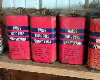 Wards 2 Gallon Metal Oil Cans, Qty 5, Ovson Egg Company Cans, Qty 4, Maytag Motor Oil Can And More