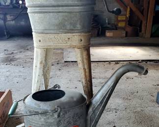 Vintage Midwest Hand Crank Clothes Washer, With Galvanized Tub, 36" x 14" x 14", And Lawson Metal Oil Can With Funnels