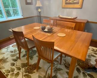 Phenomenal 8’ x 11’ rug, vintage, mid century, modern table, chairs, and buffet by Arhaus