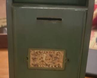 Vintage Green All American Tin Postal Mailbox  Coin Bank 1950's