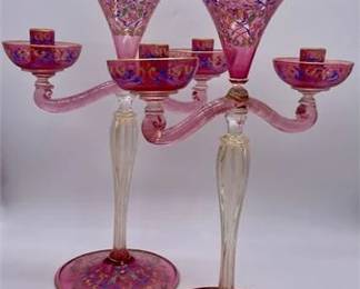Lot 032   8 Bid(s)
Pair Venetian Hand Painted Pink Glass Candlesticks