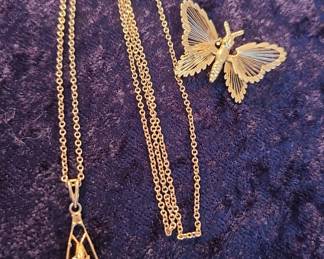 Gold lavalier pendant and butterfly pin. Vintage jewelry.  