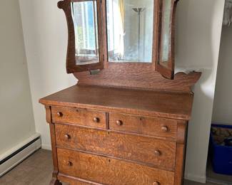 Antique Tiger Oak Quartersawn Oak  Dresser with Tri-Fold Mirror