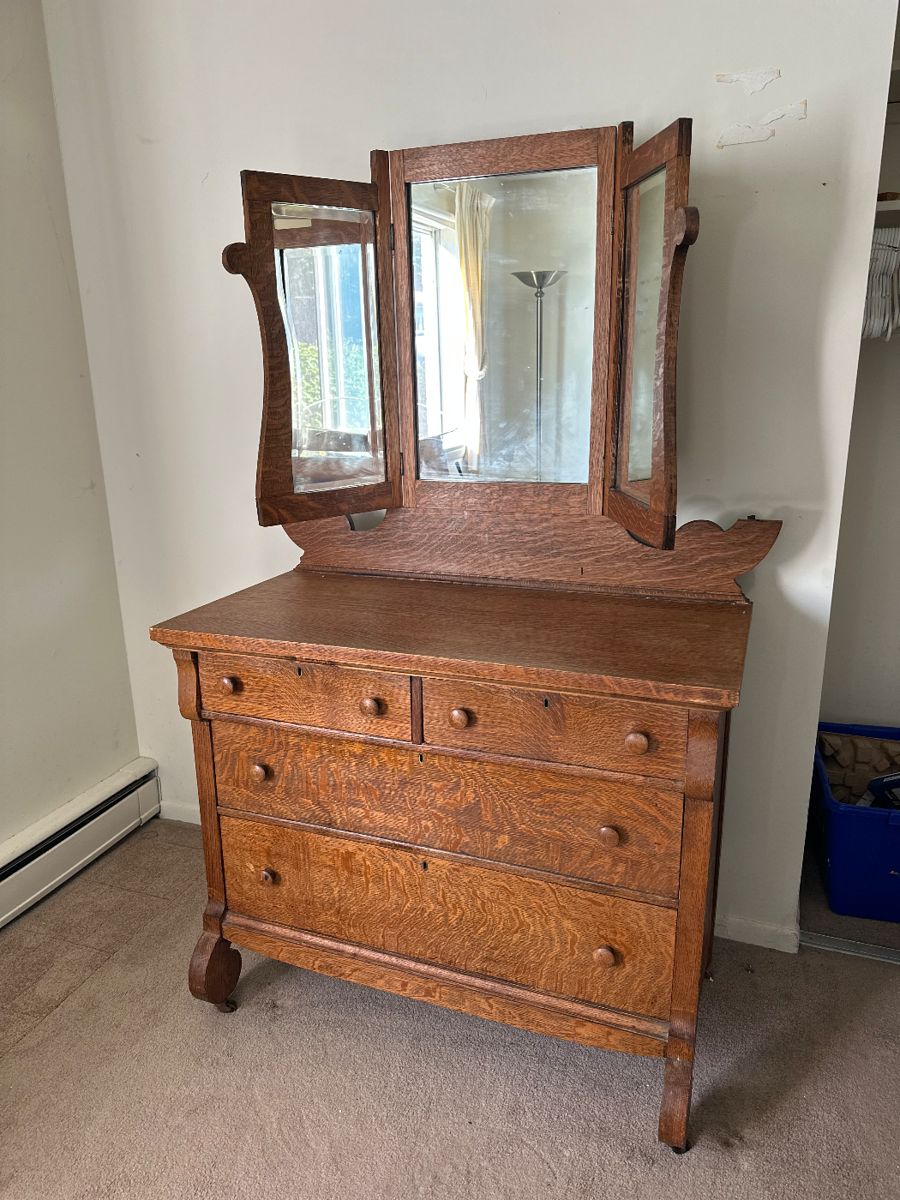 Antique Tiger Oak Quartersawn Oak  Dresser with Tri-Fold Mirror