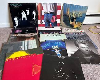Vintage vinyl record album LPs. Van Halen, Eddie Money, Jim Croce, Carole King, REO Speedwagon, Elton John, Bryan Adams, Bon Jovi, Foreigner, Supertramp, Bruce Springsteen, Heart, Cat Stevens, Barry Manilow.  