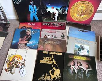 Vintage vinyl LP record albums. David Bowie Live 2 Record Set, Meat Loaf, Rod Stewart, Chicago, Neil Diamond, the Jazz Singer, Romeo and Juliet, The Little River Band, Barry Manilow, Elton John, Earth, Wind and Fire, Billy Joel, Eagles, Carpenters, Bee Gees.