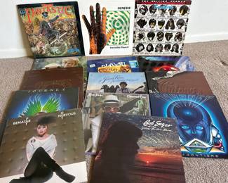 Vintage vinyl record album LP:  Elton John, Simon and Garfunkel, the Carpenters, Journey, Pat Benatar, Genesis, Oliver, soundtrack, Johnny Rivers, Bob Seger, Chicago, ZZ Top, and the Rolling Stones.