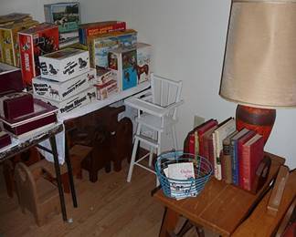 Crock, Old Books, Lamp & Horses