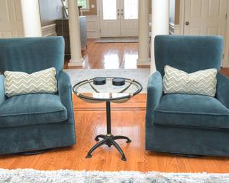 Pair Arhaus Cerulean Velvet Upholstered Swivel Chairs