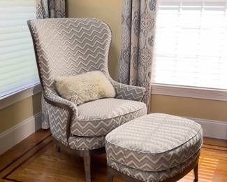 Pair Arhaus Portsmouth Highback Upholstered Exposed Frame Chairs With Footstools
