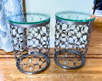 Two Gunmetal Cylinder-Shaped Lattice Side Tables With 3/8" Tempered Glass Tops