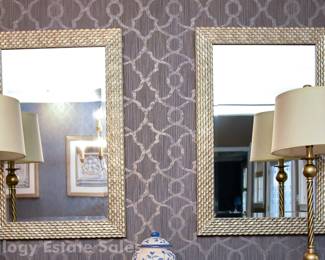 Pair Of Mirrors With Honeycomb Textured Silver-Tone Frames And Beveled Glass
