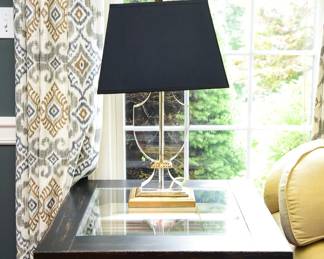 PAIR Decorative Concepts Acrylic Coat Of Arms Shape Lamps With Brass Bases Gold Foil Lined Black Shades