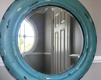Large round distressed wood mirror