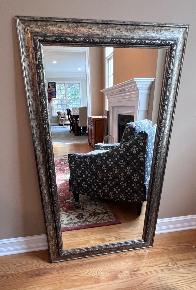 Large silver framed wall mirror