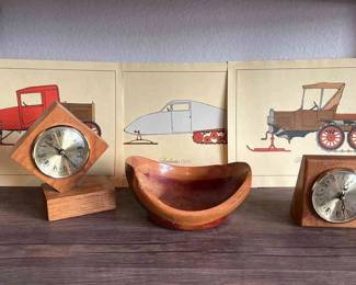 2 Small Wooden Clocks Wooden Bowl 3 Car Prints